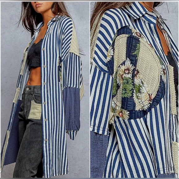POL Floral Print Peace Striped Patchwork Oversized Buttoned Down Shirt.Sz S.NWOT - Picture 3 of 8